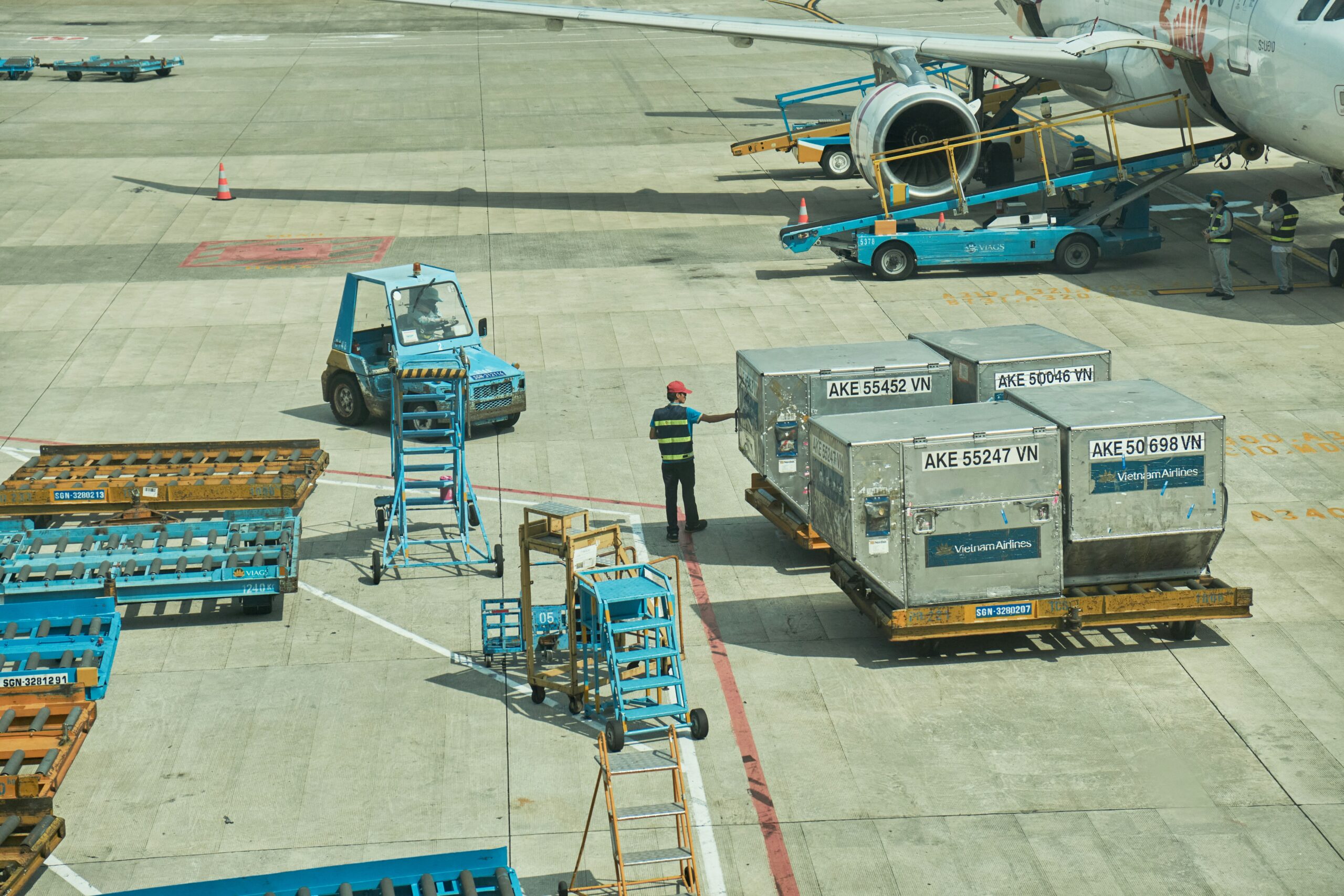 Air freight cargo being loaded into aircraft
