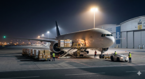 Cargo plane being loaded at Dubai World Central (DWC) under hangar lights.