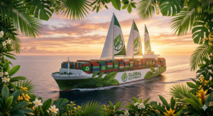 Eco-friendly shipping concept with green leaves and a cargo vessel.