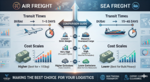 Infographic comparing air and sea freight transit times and cost scales.