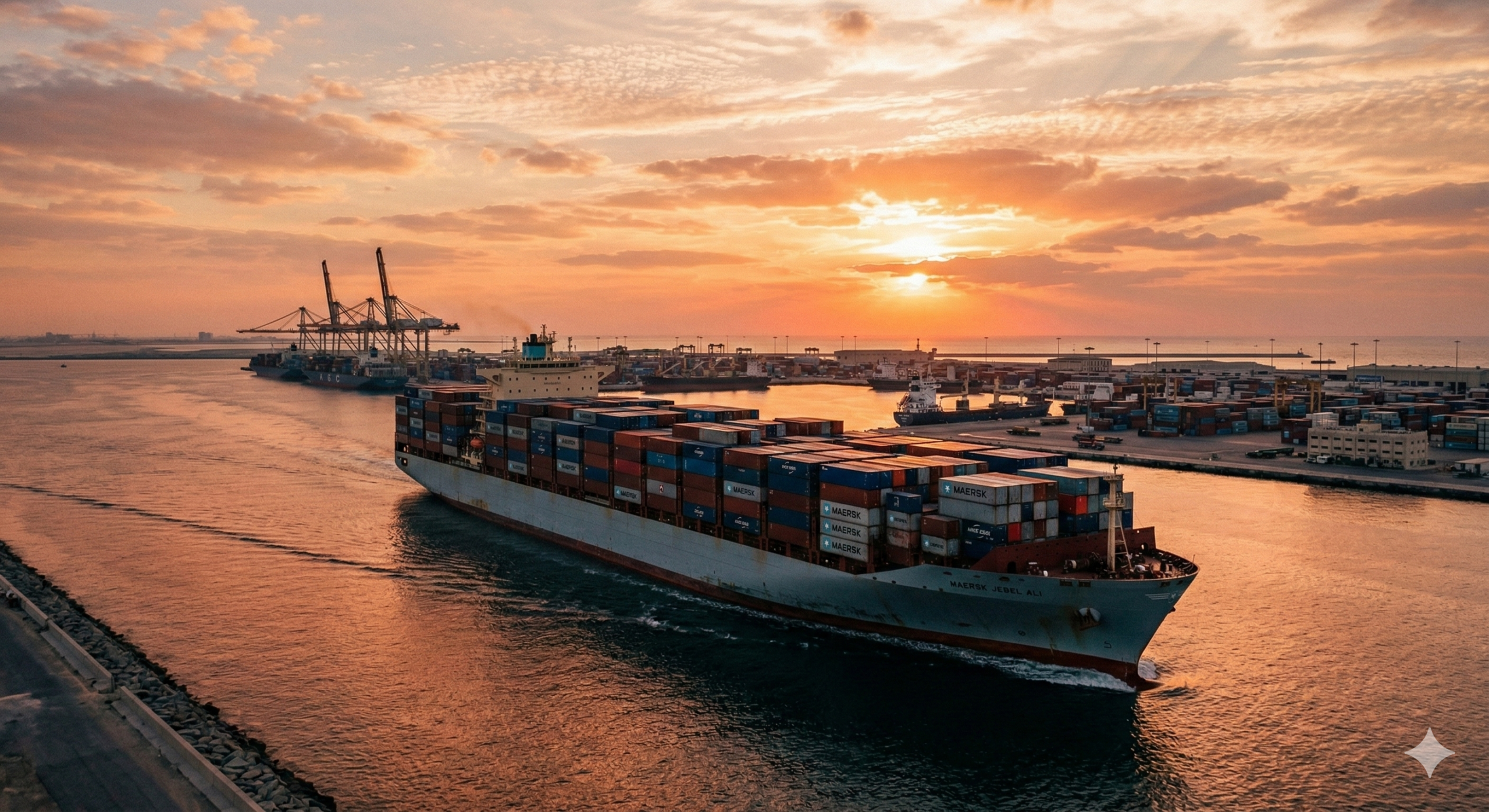 Large container ship departing Jebel Ali Port with sea freight cargo