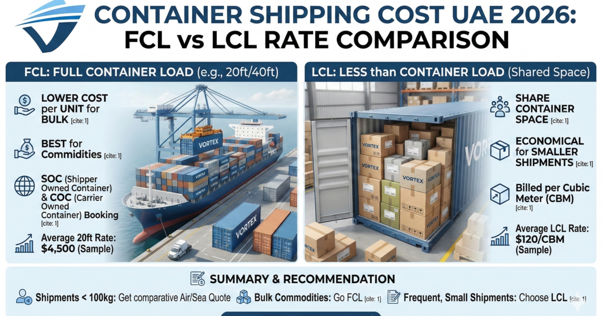 container shipping cost UAE 2026 FCL LCL rate comparison