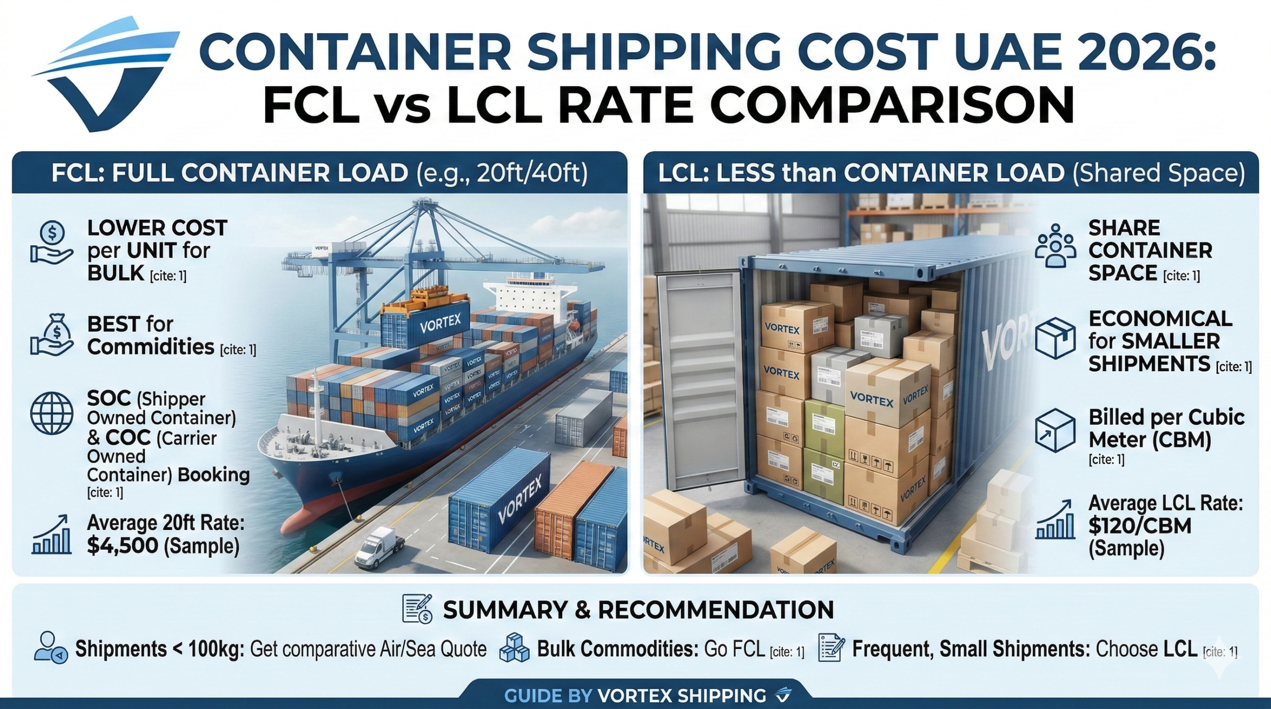 container shipping cost UAE 2026 FCL LCL rate comparison