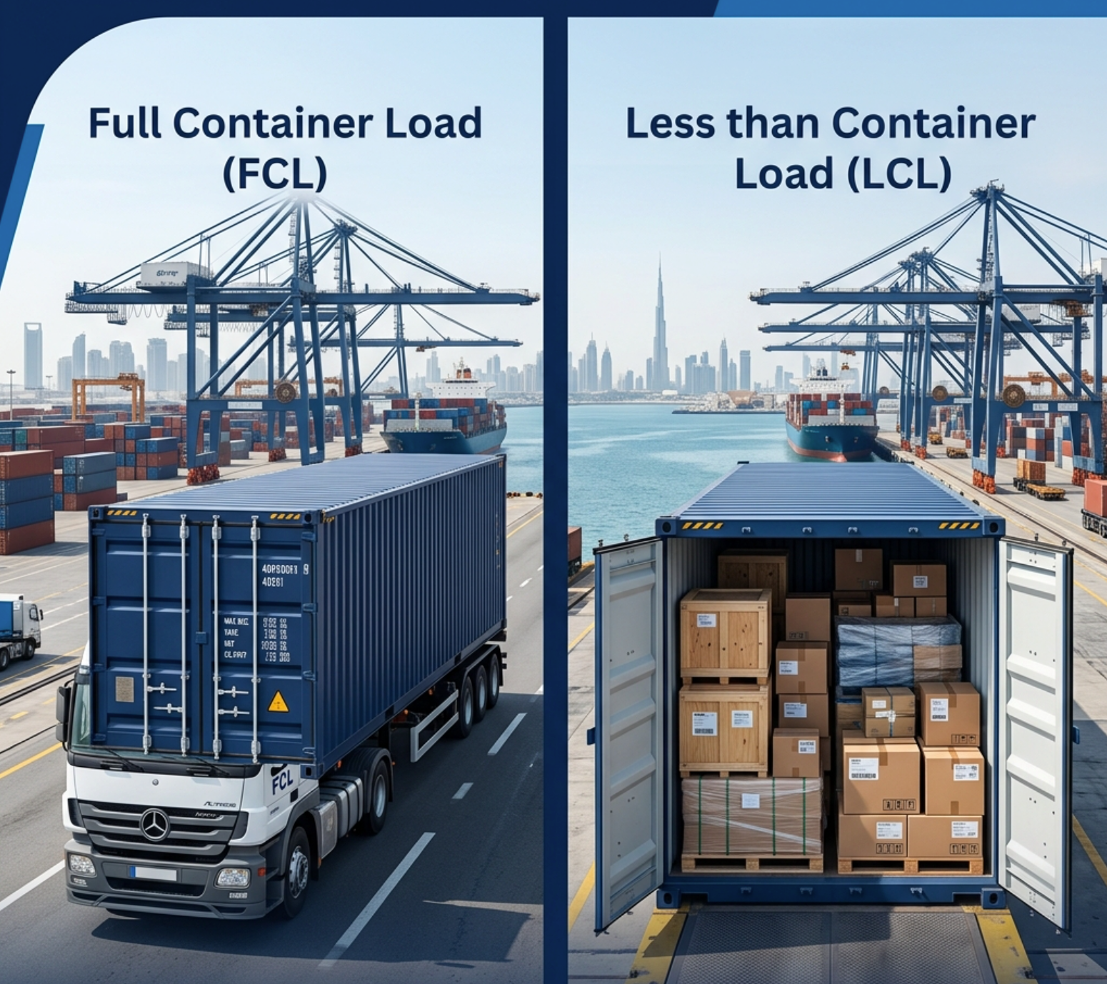 FCL vs LCL shipping in Dubai comparison at Jebel Ali Port