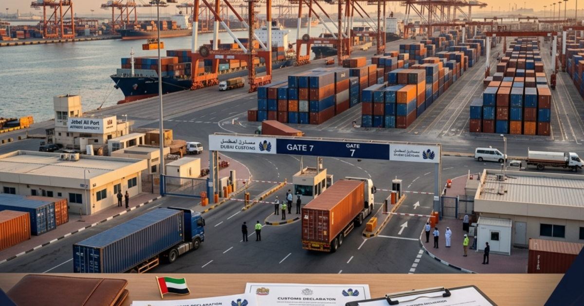 customs clearance in Dubai at Jebel Ali Port with documents and cargo containers