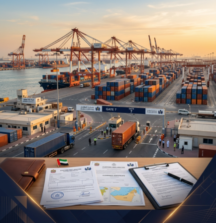 customs clearance in Dubai at Jebel Ali Port with documents and cargo containers