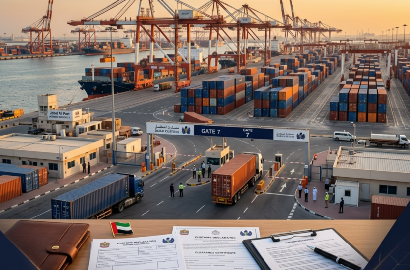 customs clearance in Dubai at Jebel Ali Port with documents and cargo containers