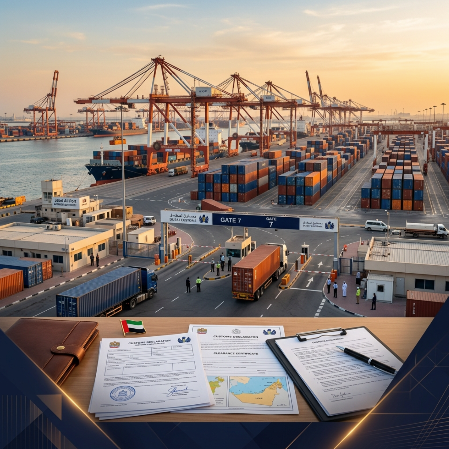 customs clearance in Dubai at Jebel Ali Port with documents and cargo containers