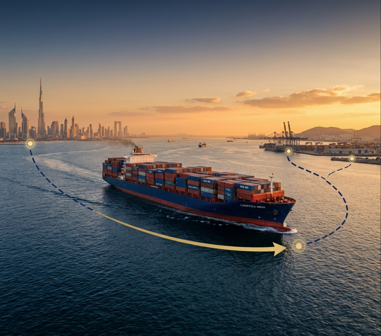 shipping from Dubai to India cargo vessel on Arabian Sea trade route