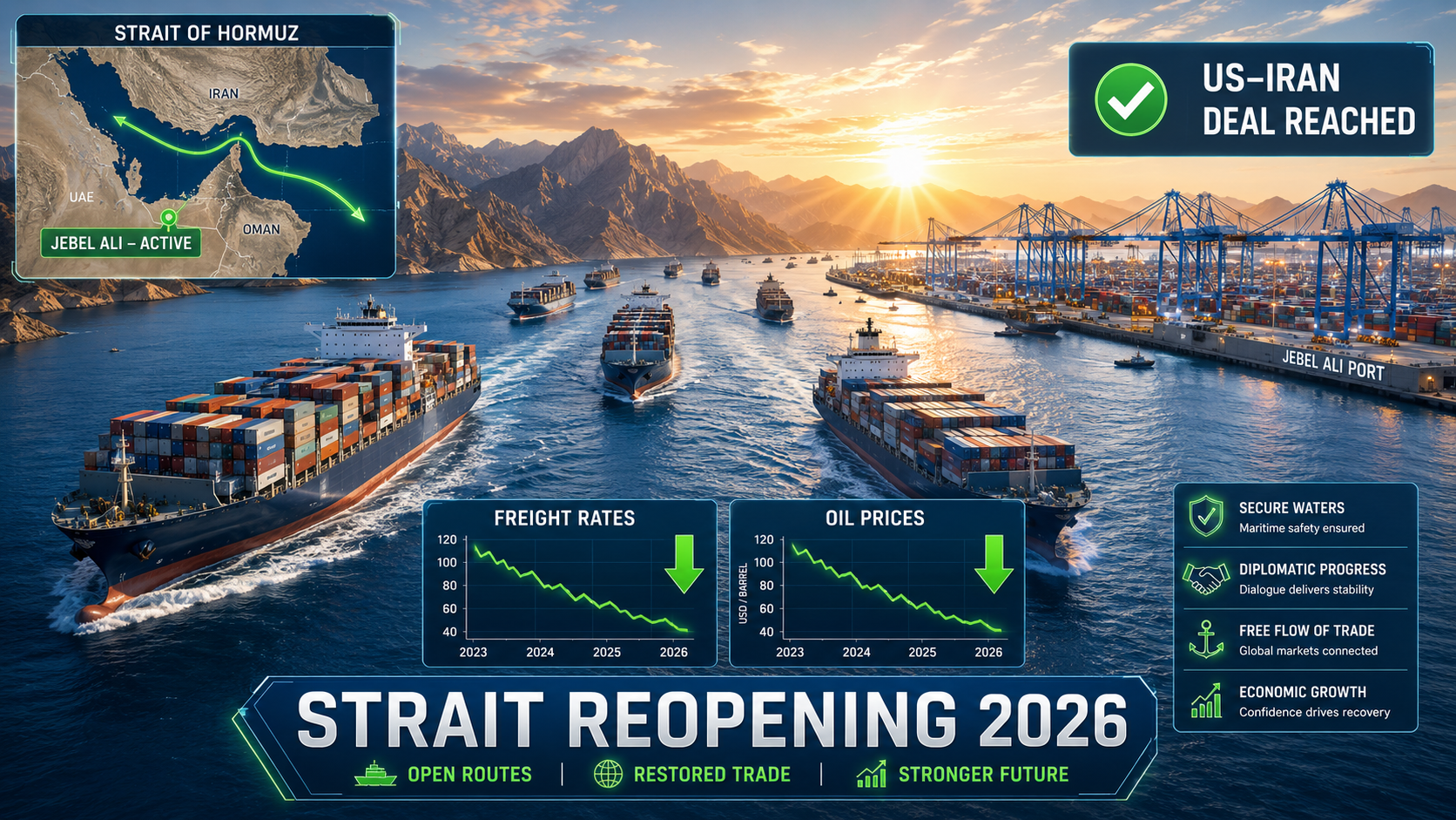 Strait of Hormuz reopening 2026 — UAE shipping recovery and falling freight rates