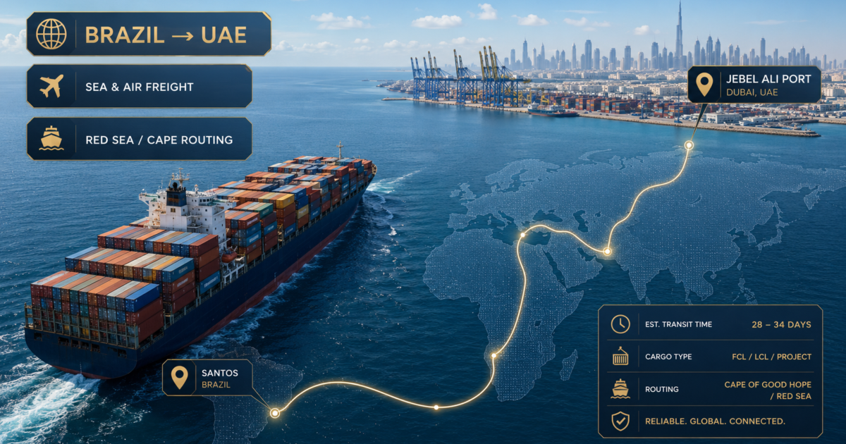 Shipping from Brazil to UAE 2026 — Santos to Jebel Ali sea and air freight routes