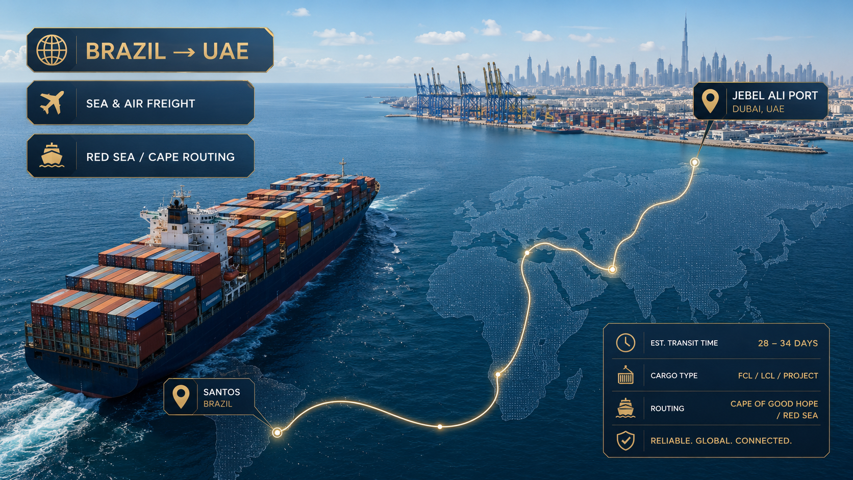 Shipping from Brazil to UAE 2026 — Santos to Jebel Ali sea and air freight routes