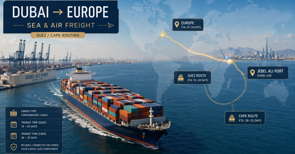 Shipping from Dubai to Europe 2026 — sea and air freight routes and transit times