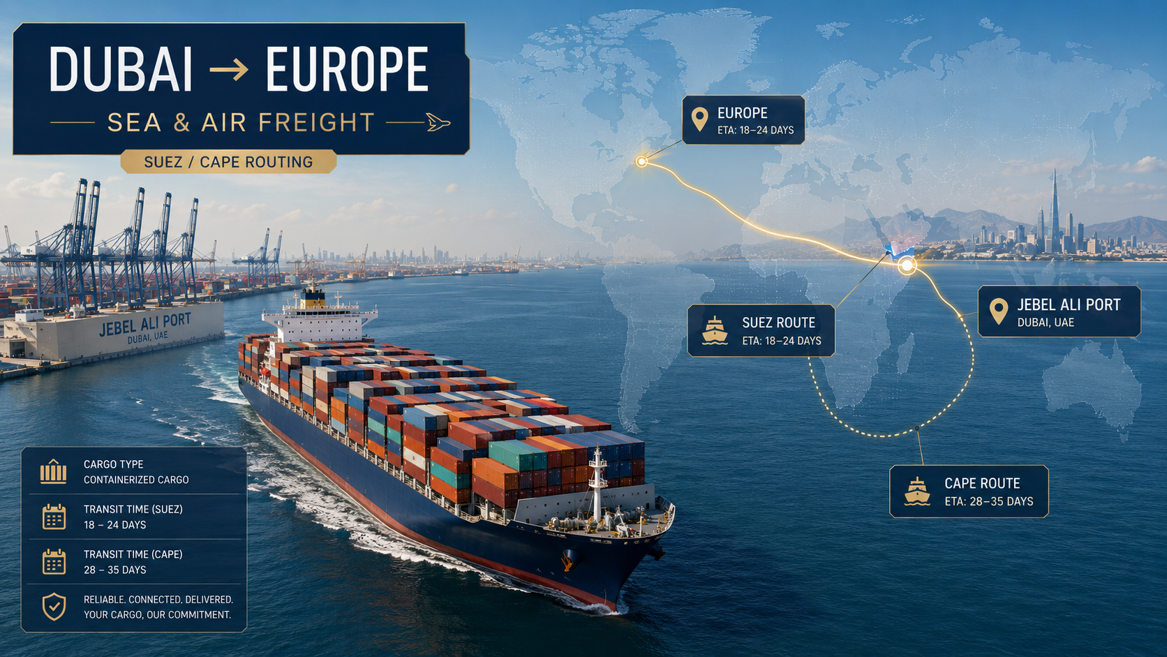 Shipping from Dubai to Europe 2026 — sea and air freight routes and transit times