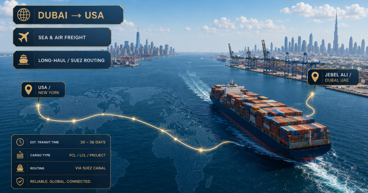 Shipping from Dubai to USA 2026 — sea and air freight routes and transit times