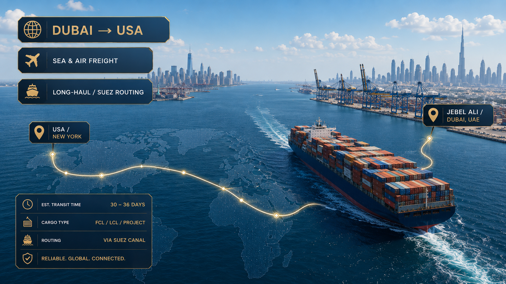 Shipping from Dubai to USA 2026 — sea and air freight routes and transit times