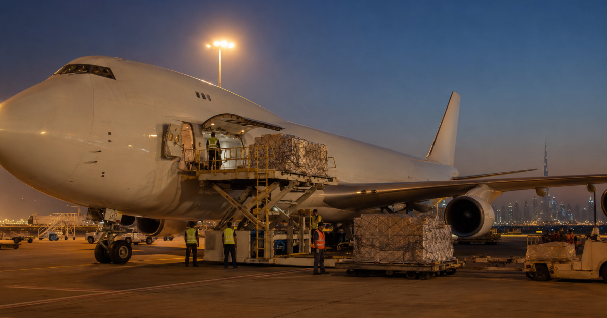 Air freight from Dubai - cargo aircraft being loaded at DXB at dusk