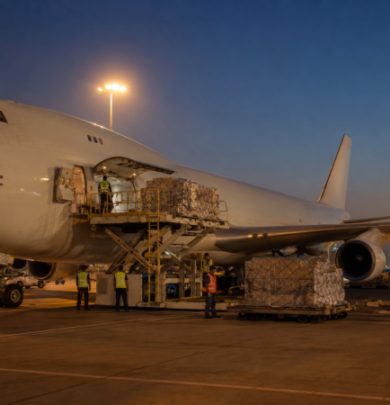 Air freight from Dubai - cargo aircraft being loaded at DXB at dusk