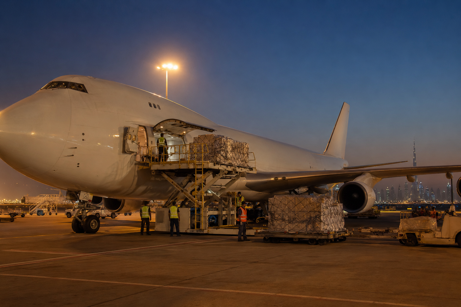 Air freight from Dubai - cargo aircraft being loaded at DXB at dusk