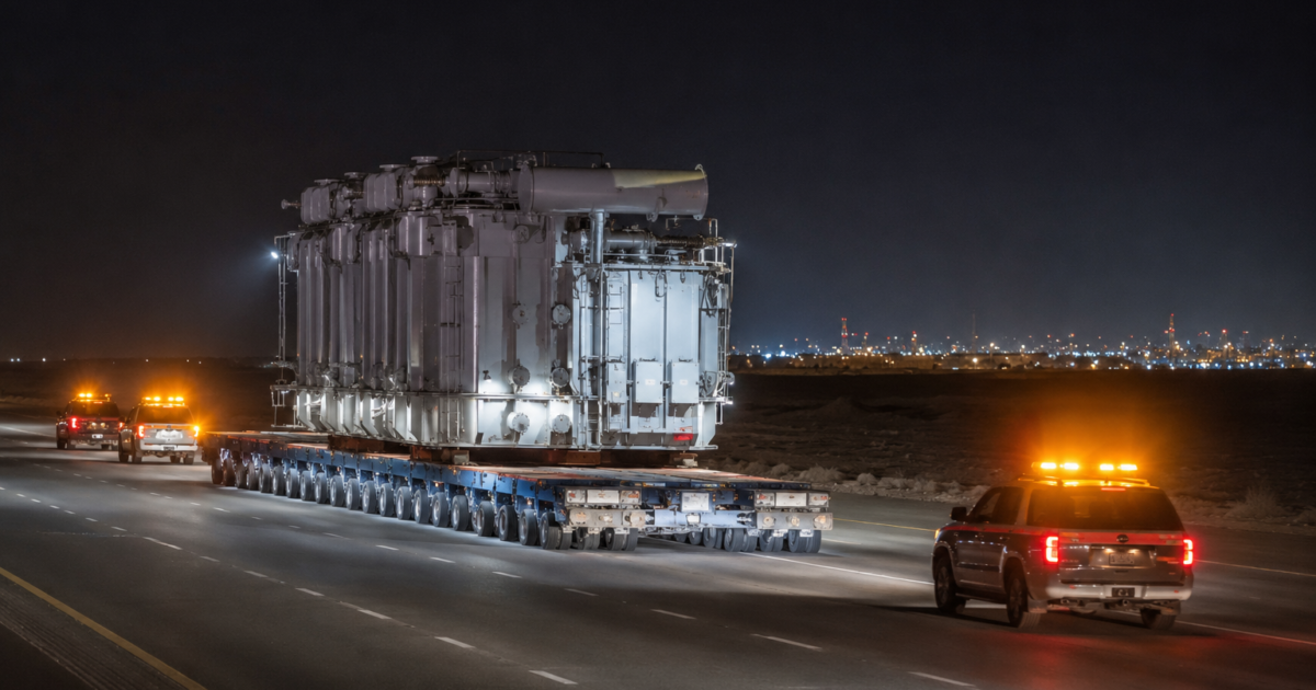Project cargo Dubai - oversized transformer on a modular trailer moving at night in the UAE