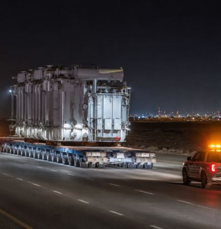 Project cargo Dubai - oversized transformer on a modular trailer moving at night in the UAE