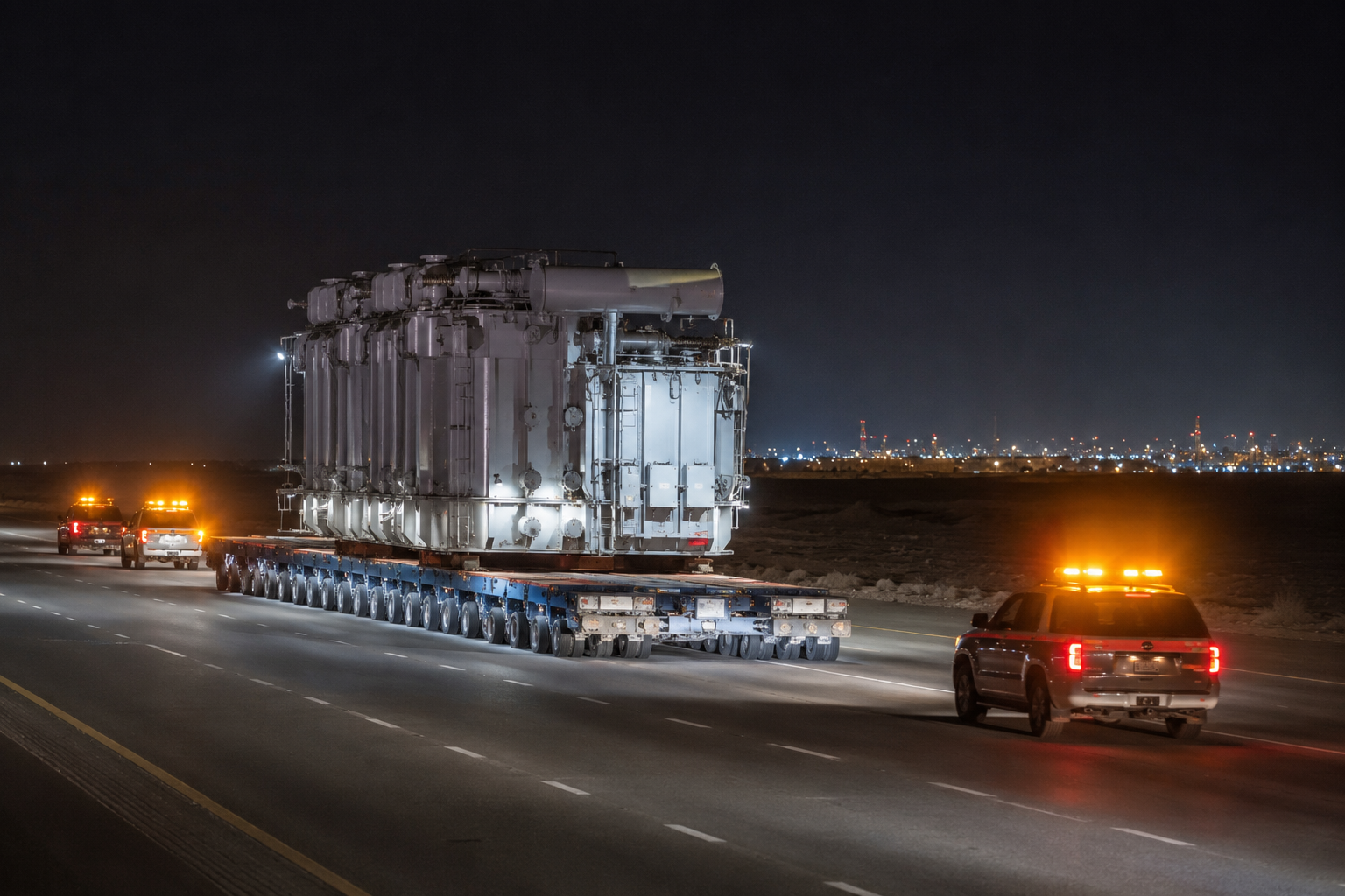 Project cargo Dubai - oversized transformer on a modular trailer moving at night in the UAE