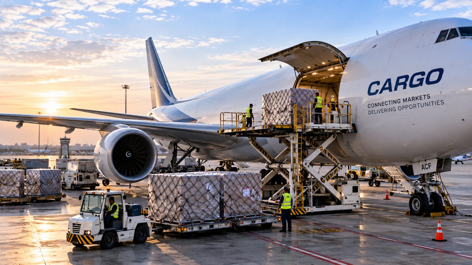 Cargo aircraft being loaded with air freight at Dubai airport