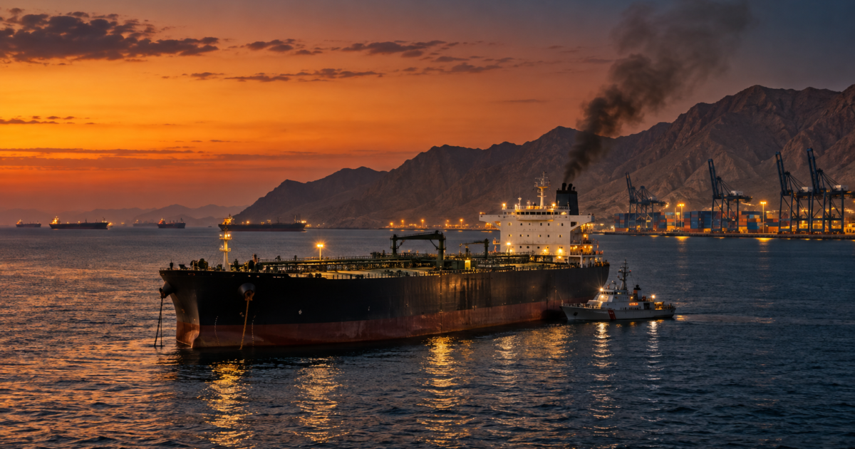 Hormuz bypass under attack — tanker at anchor off the Gulf of Oman coast near the UAE east coast ports