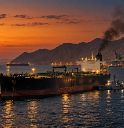 Hormuz bypass under attack — tanker at anchor off the Gulf of Oman coast near the UAE east coast ports
