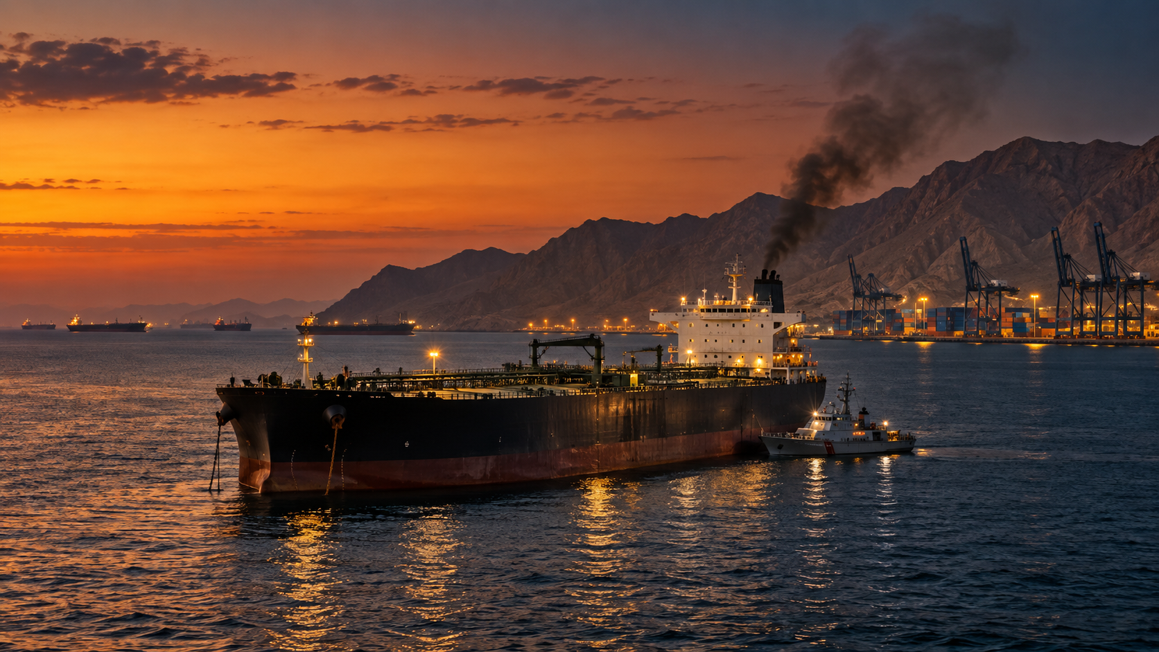 Hormuz bypass under attack — tanker at anchor off the Gulf of Oman coast near the UAE east coast ports