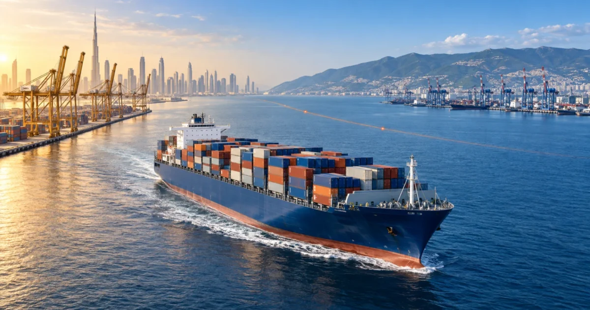 Container ship on the Jebel Ali to Novorossiysk freight route