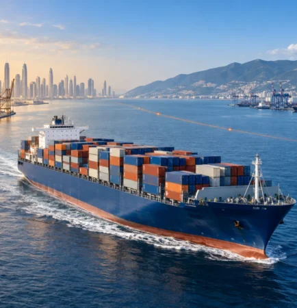 Container ship on the Jebel Ali to Novorossiysk freight route