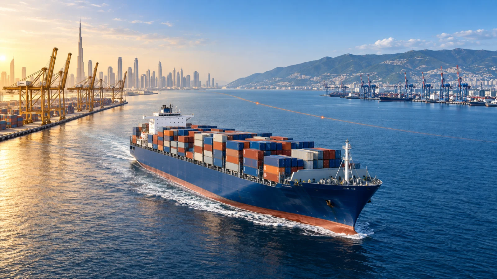 Container ship on the Jebel Ali to Novorossiysk freight route