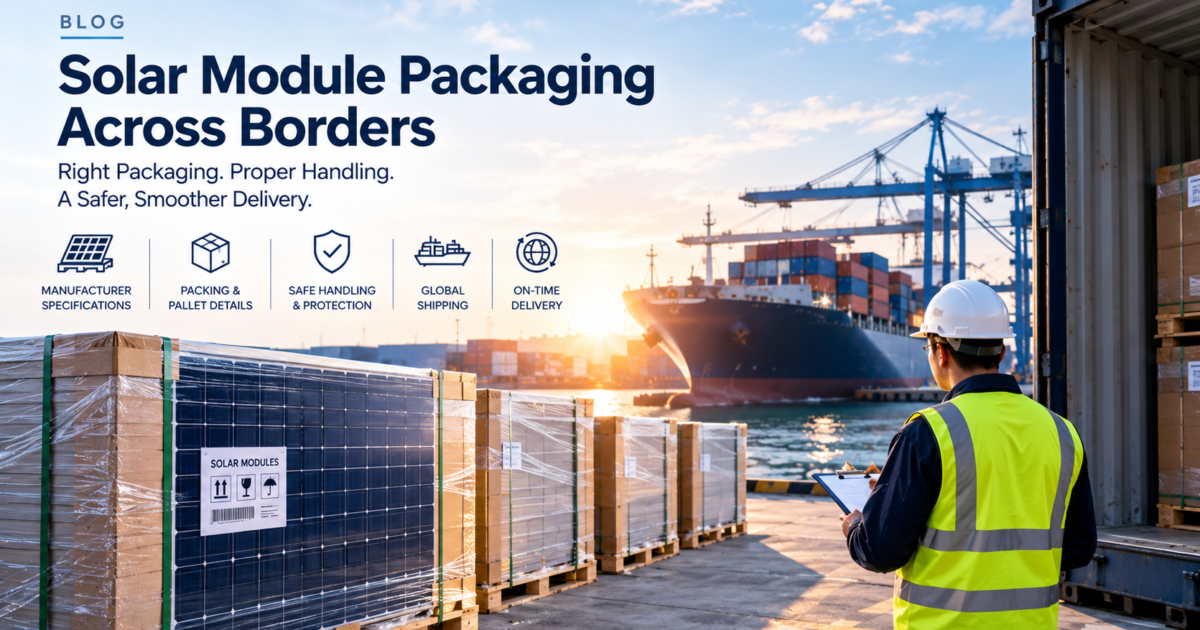 Illustrated solar module packaging guide for international trade planning.