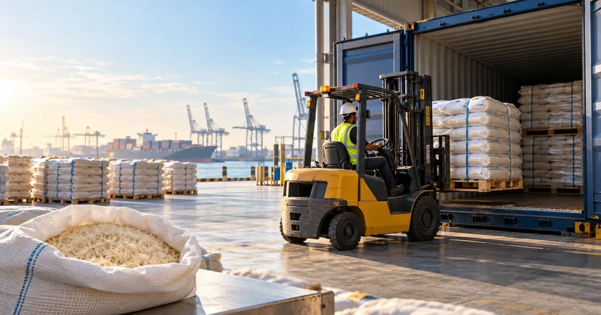 Rice shipping illustration with sealed rice sacks on pallets prepared for international container loading.