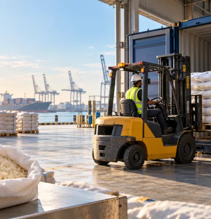 Rice shipping illustration with sealed rice sacks on pallets prepared for international container loading.