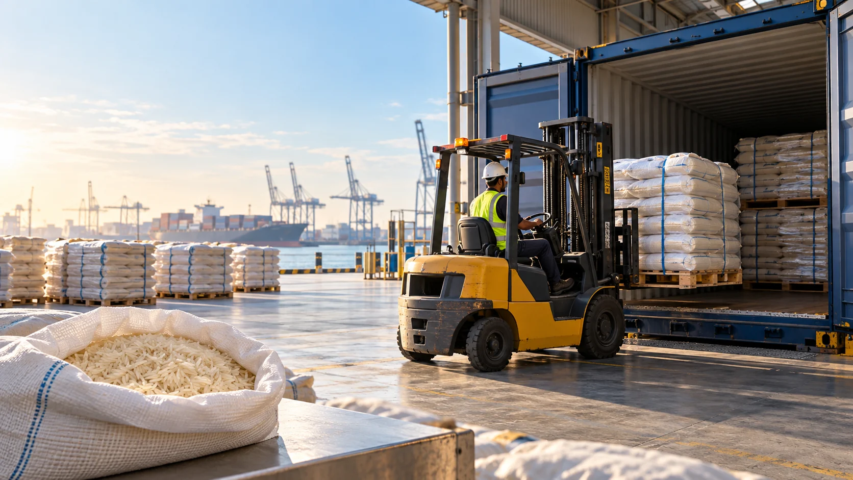 Rice shipping illustration with sealed rice sacks on pallets prepared for international container loading.
